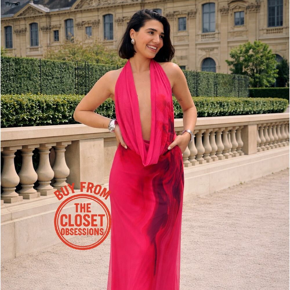 Zara Fuchsia Halter Plunge Midi Dress Open Back NWT